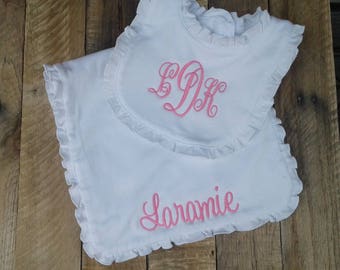 Personalized Ruffle Bib and Burp Cloth Set, Monogrammed Baby Gift