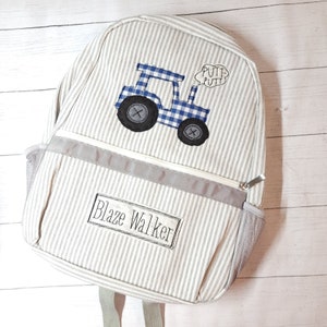 Personalized Seersucker Tractor Applique Backpack - Boy Diaper Bag