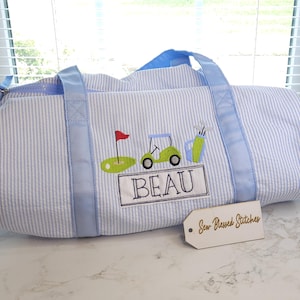 Personalized seersucker duffle bag, overnight bag, boy birthday gift