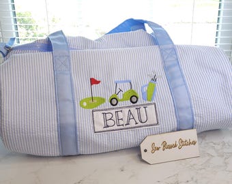Personalized seersucker duffle bag, overnight bag, boy birthday gift
