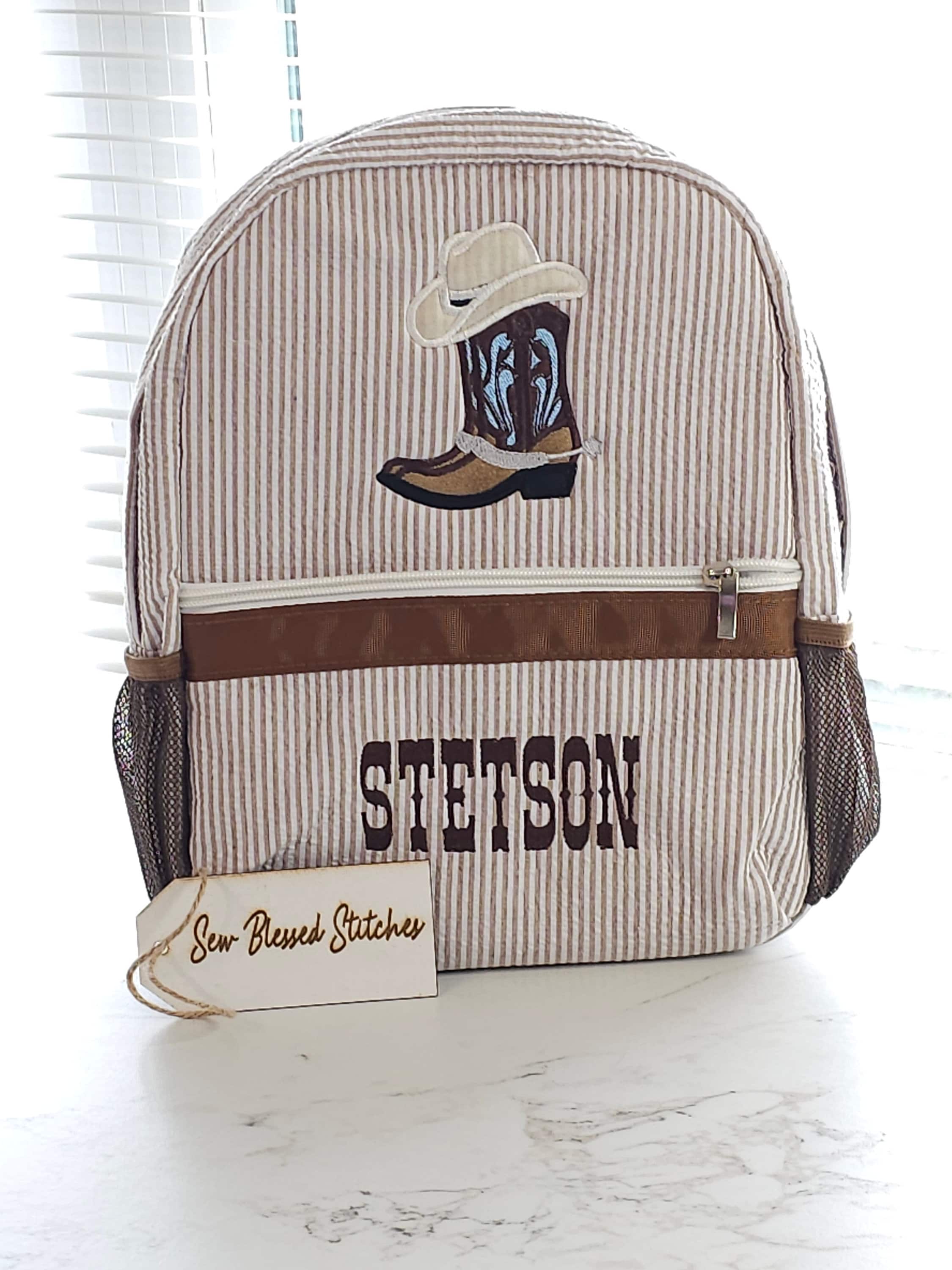 Monogram seersucker backpack, brown cowboy seersucker backpack, boy birthday gift, diaper bag, baby shower gift