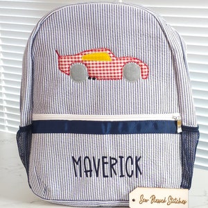 Personalized seersucker backpack, applique car backpack, backpack with name, diaper bag, boy baby gift, boy birthday gift