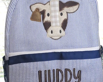 Mochila personalizada de vaca de seersucker: mochila escolar para niño, bolsa de pañales