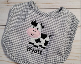 Seersucker baby bib, personalized seersucker baby bib, cow applique baby bib with name