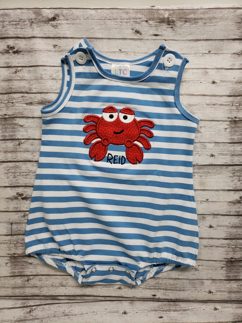 Crab applique bubble romper personalized boy romper