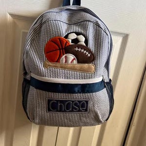 Personalized Seersucker Backpack: Sports Applique, Boy Diaper Bag image 10