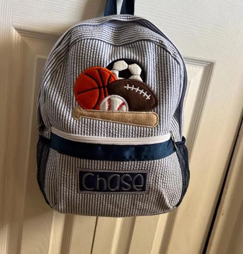 Personalized Seersucker Backpack: Sports Applique, Boy Diaper Bag image 10