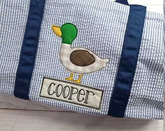Bolsa de lona personalizada de seersucker: aplique de pato, bolsa de viaje para niño