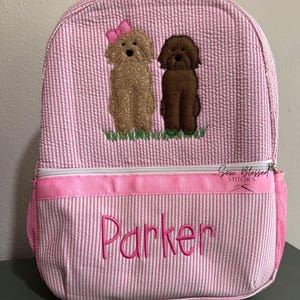 Seersucker backpack, pink girl backpack with name, personalized dog applique backpack, girl birthday gift, girl diaper bag, baby shower gift