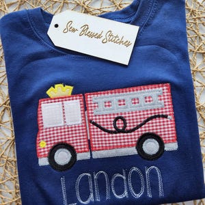 Personalized Firetruck Applique Shirt - Navy Blue Boy's Tee image 10