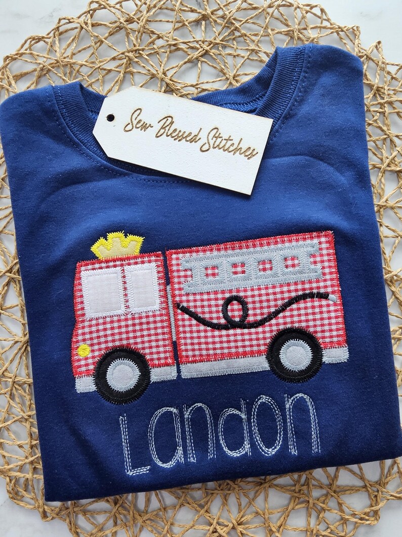 Personalized Firetruck Applique Shirt - Navy Blue Boy's Tee image 10