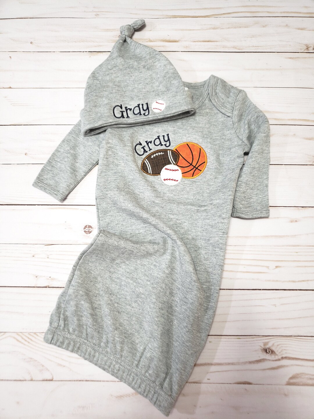 Applique Infant Gown/ Personalized Sports Applique Baby Gown With Name