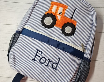 Gepersonaliseerde Seersucker Boy-rugzak: tractorappliqué, monogram