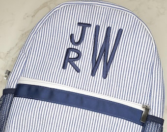 Seersucker-rugzak met monogram: marineblauwe boekentas