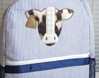 Mochila personalizada de vaca de seersucker: mochila escolar para niño, bolsa de pañales