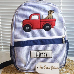 Personalisierter Seersucker Rucksack: LKW Applikation, Wickeltasche Junge