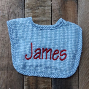 Personalized baby bib / personalized blue seersucker Boy baby bib with name / personalized baby shower gift image 3