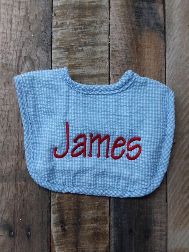 Personalized baby bib / personalized blue seersucker Boy baby bib with name / personalized baby shower gift image 3