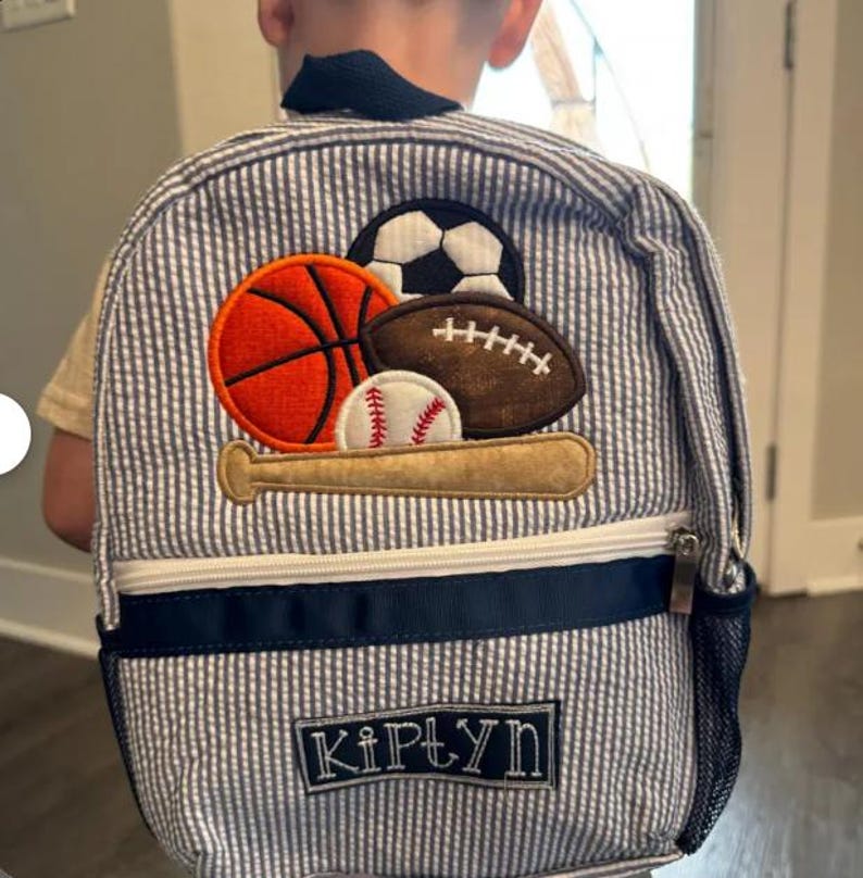 Personalized Seersucker Backpack: Sports Applique, Boy Diaper Bag image 9