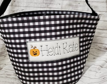 Personalized Halloween Treat Bucket, Gingham Trick or Treat Bag