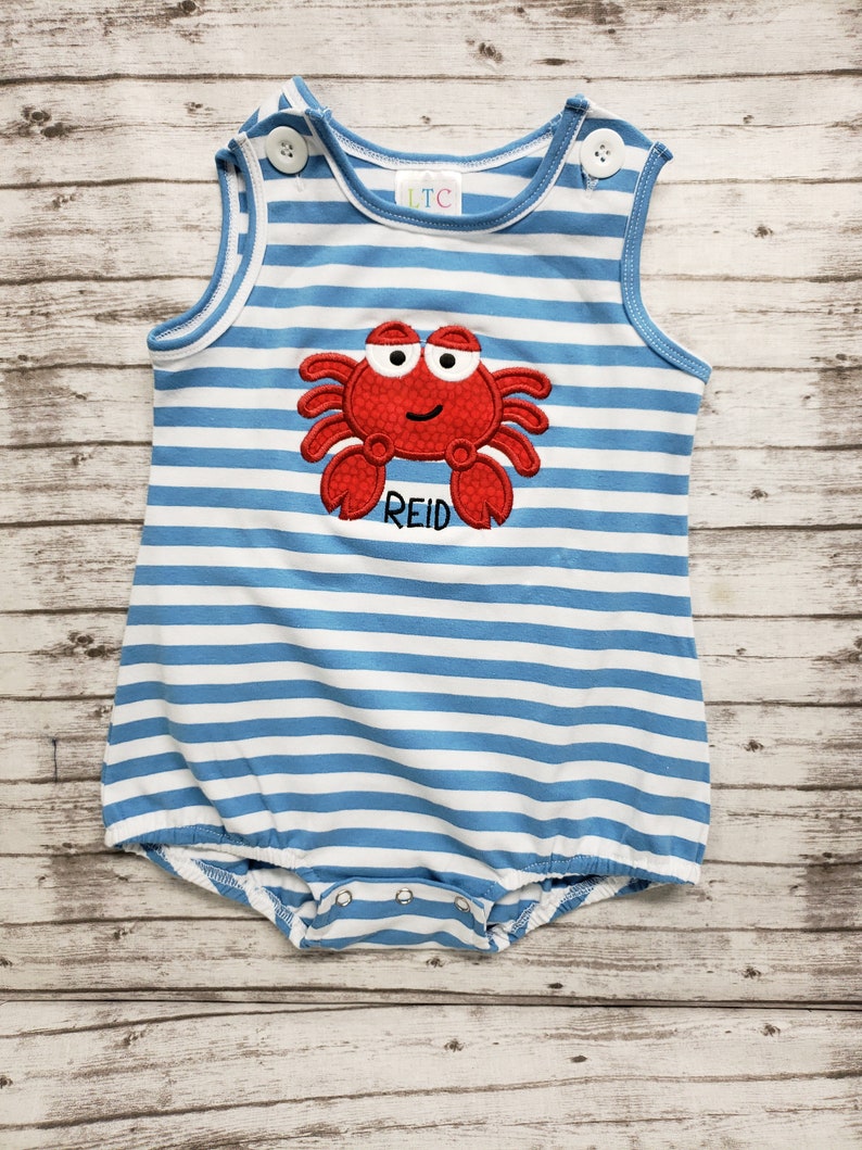 Crab applique bubble romper personalized boy romper