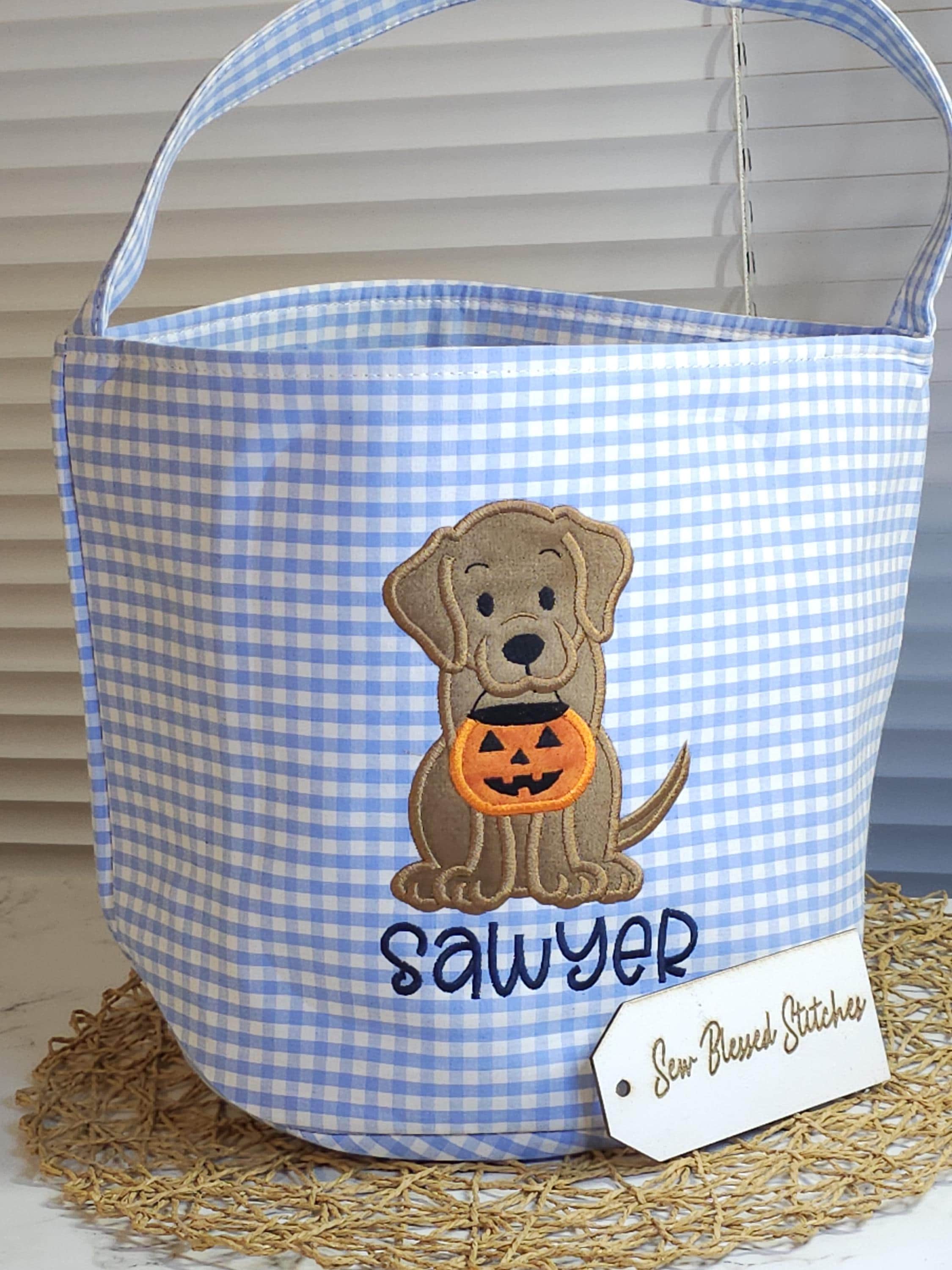 Personalized Halloween Treat Bucket: Embroidered Dog Design