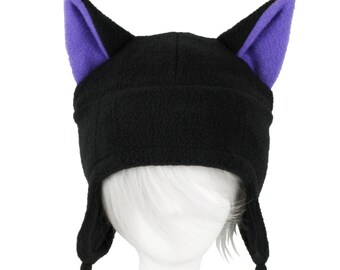 Chapeau de chat noir avec oreilles violettes d'aviateur Awesomeness