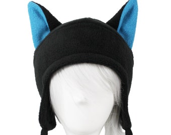 Chapeau de chat noir avec oreilles bleues d'aviateur brut
