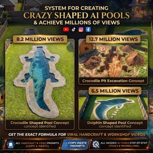 May include: An advertisement showcasing AI-designed pools. The image features a crocodile-shaped pool, a dolphin-shaped pool, and a pit excavation concept. Text includes "Crazy Shaped AI Pools" and "Achieve Millions of Views."