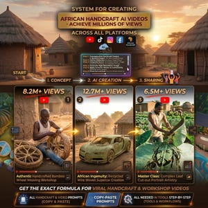 May include: An infographic promoting African handicraft AI videos. The image shows a step-by-step guide with text and illustrations, including a bamboo wheel weaving workshop, a recycled wire woven supercar, and leaf cut-out portrait artistry.
