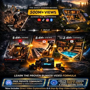 May include: An advertisement graphic with the text "THE EXACT SYSTEM BEHIND 500M+ VIEWS". The image shows a construction process: dig, build, and reveal. It includes social media icons and a laptop with video editing software.