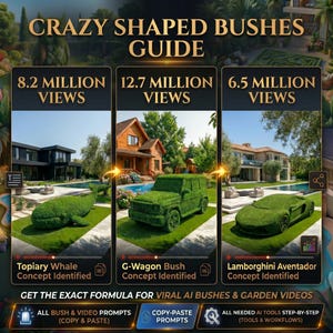 May include: An advertisement for a guide on creating topiary bushes. The image shows a whale, a G-Wagon, and a Lamborghini Aventador, all sculpted from bushes. The text reads "Crazy Shaped Bushes Guide" and promotes AI tools and prompts for garden videos.