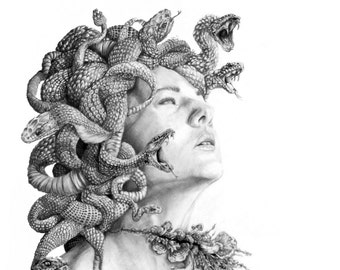 Medusa- Illustration- Black and white- 8 X10 signed print- woman- portrait- fine art - snakes