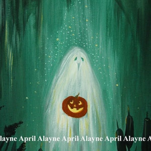 May include: A white ghost holding a carved orange pumpkin in a dark green forest setting. The ghost is glowing and there are small white lights in the background.