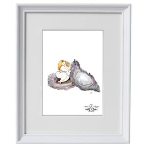 May include: A watercolor painting of a woman sitting inside an oyster shell. The woman has red hair and is wearing a white bathing suit. The oyster shell is open and the inside is pearly white. The painting is signed "April Mayes" in the bottom right corner.
