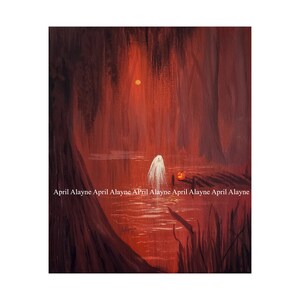 May include: A painting of a ghost standing in a swamp with a glowing orange pumpkin. The background is a dark red with a faint orange glow in the distance.