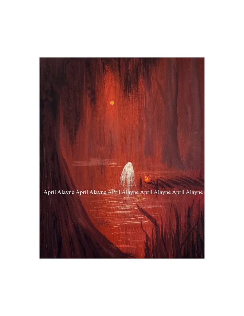 May include: A painting of a ghost standing in a swamp with a glowing orange pumpkin. The background is a dark red with a faint orange glow in the distance.