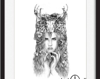 Begonia- Illustration- Deer- Antler- skull- Black and white- 8 X10 signed print- woman- portrait- fine art