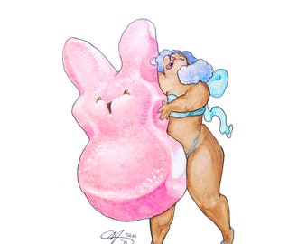 Peep Show- Bunny marshmallow watercolor- Plumpettes- print- Art - April Alayne