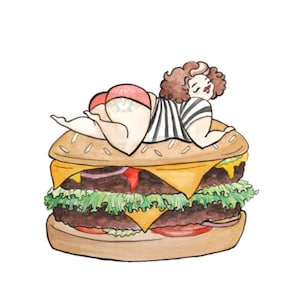 Got Buns Hon-Plumpettes -  Illustration - watercolor- Cheeseburger - curvy- foodie -burger- print- Art - April Alayne