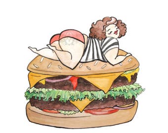 May include: Watercolor illustration of a large hamburger with a person wearing a striped top and red bottoms lounging on top. The burger has cheese, lettuce, tomato, and red onion. The artist's signature is in the bottom right corner.