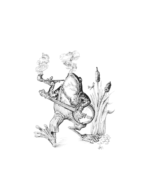 Ol Swamp Tales Frog And Banjo Drawing Line Drawing Etsy