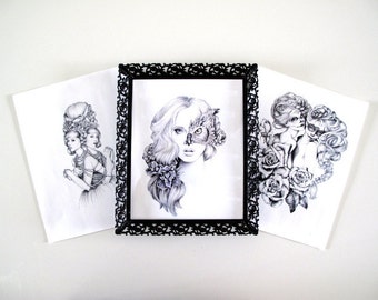 SALE -3 Illustrations- Set- Collection Black and white- 8.5 X11 signed prints