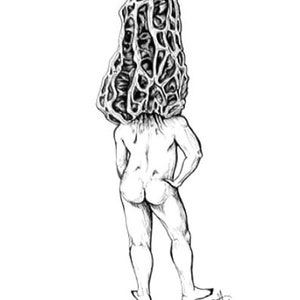 May include: A black and white line drawing of a person with a mushroom-shaped head. The person is standing with their back to the viewer, arms crossed, and legs slightly apart.