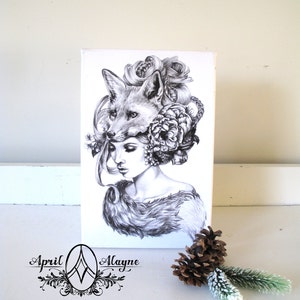 Illustration- Fox mask- Black and white- -signed print- woman portrait- power animal image 3