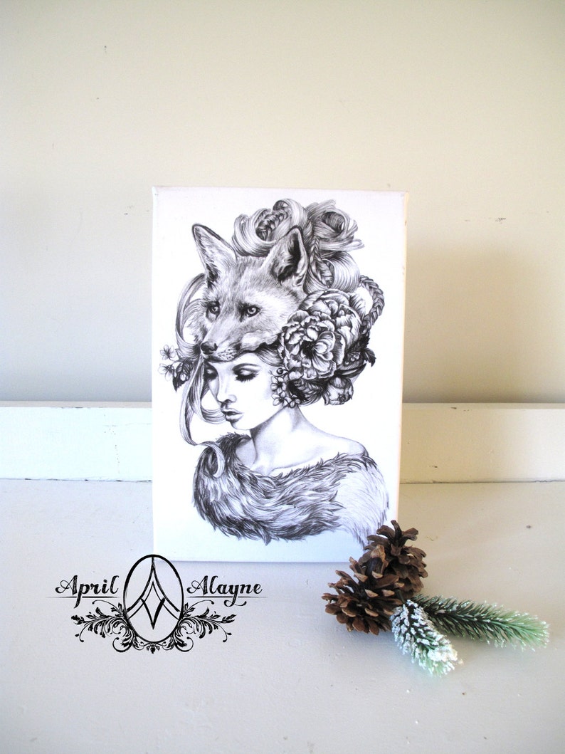Illustration- Fox mask- Black and white- -signed print- woman portrait- power animal image 3