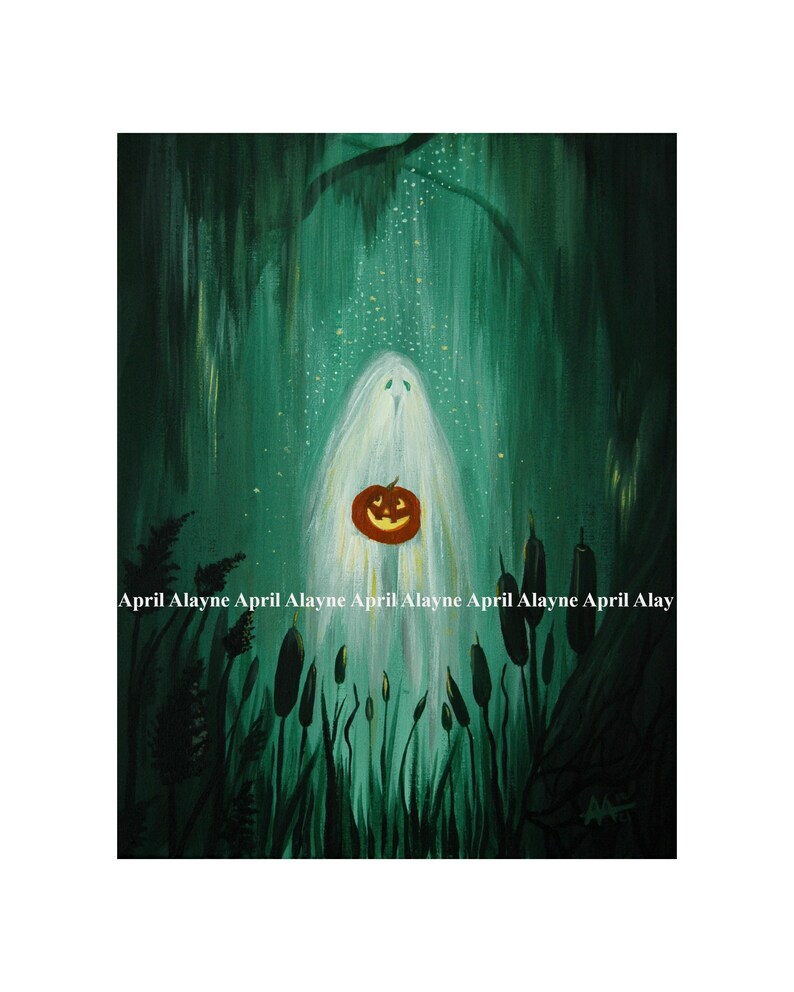 May include: A white ghost holding a carved orange pumpkin in a dark green forest setting. The ghost is glowing and there are small white lights in the background.