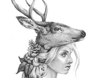 Winter Moon- deer and woman- Pencil drawing