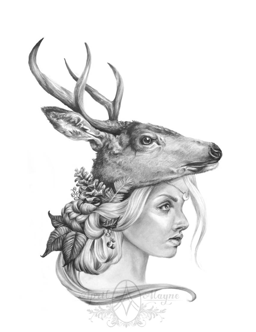 Winter Moon- deer and woman- Pencil drawing