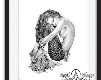 Mermaid- Illustration- Black and white- woman- portrait- fine art -siren- crouching mermaid